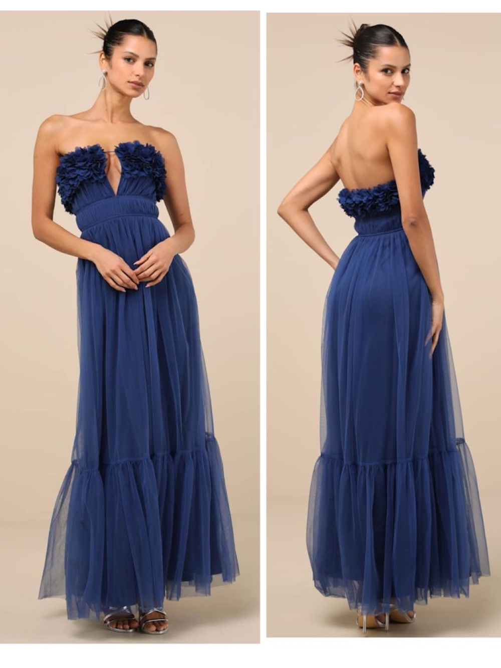 Lulus Chic Spectacle Navy 3D Applique Strapless Maxi Dress Size Small NWT Formal